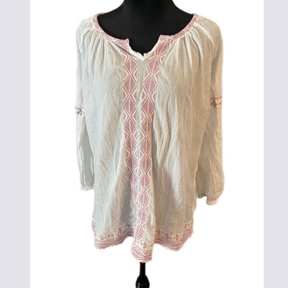 Krazy Kat white and pink in bordered bohemian top. Size medium - Picture 1 of 8